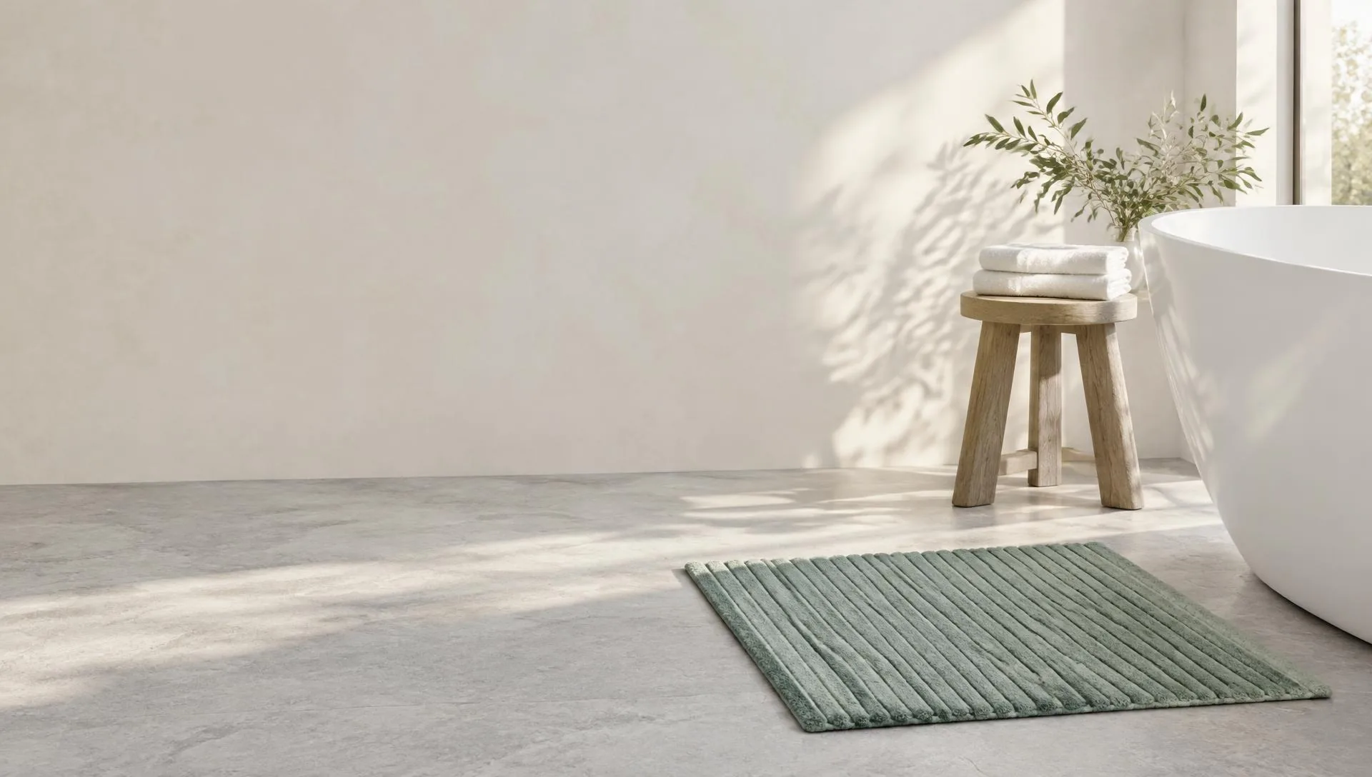 A sage-green ribbed bath mat beside a white bathtub in a sunlit, minimalist bathroom; an illustration of the planned Dri Mat concept.